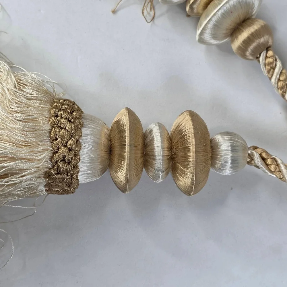 Luxury Double Tassel Curtain Tie Back Ivory Gold Linen Disc Top 8397728